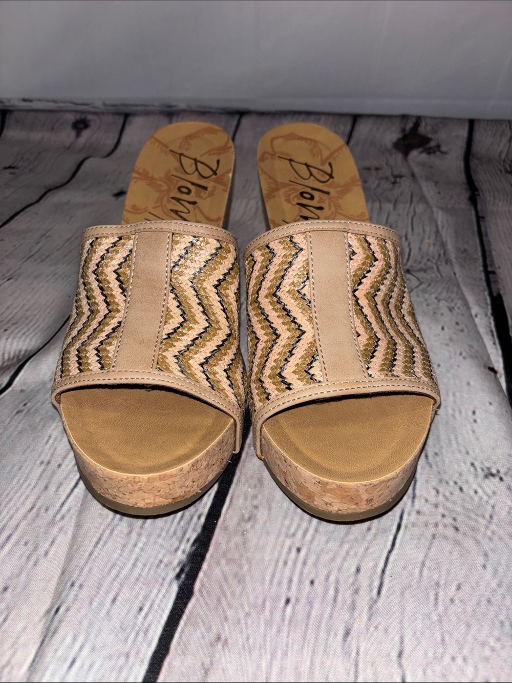 Blondo Tan Woven Chevron Cork Platform Mules